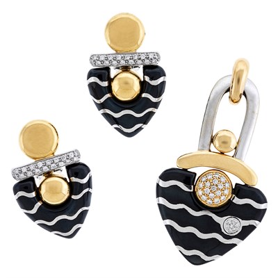 Lot 45 - La Nouvelle Bague Two-Color Gold, Diamond and Black Enamel Earrings and Pendant