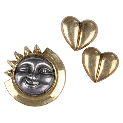 Lot 86 - Barry Kieselstein-Cord Pair of Gold and Silver Heart Earrings and Sun and Moon Pin
