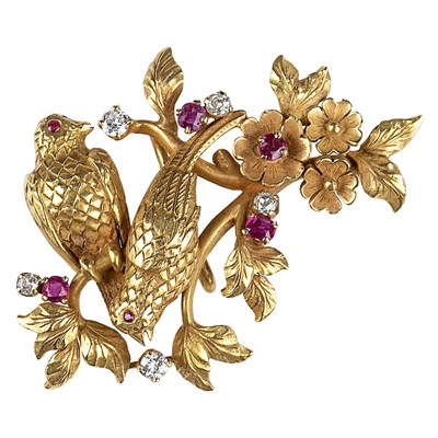 Lot 150 - Gold, Ruby and Diamond Bird Pendant-Brooch