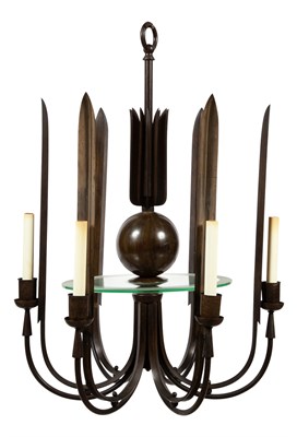 Lot 310 - Patinated Metal and Glass Six-Light Chandelier...