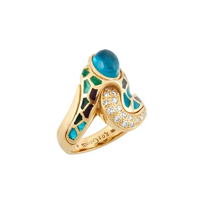 Lot 258 - Gold, Cabochon Blue Topaz, Diamond and Plique-à-Jour Enamel Snake Ring
