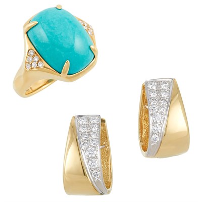 Lot 267 - Pair of Two-Color Gold and Diamond Hoop Earrings and Gold, Turquoise and Diamond Ring