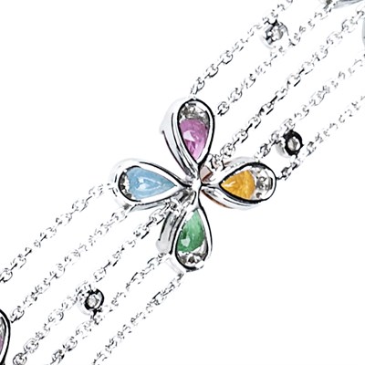 Lot 228 - Five Strand White Gold, Diamond and Gem-Set Floret Chain Bracelet