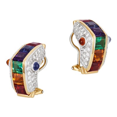 Lot 46 - Pair of Two-Color Gold, Diamond and Gem-Set Earclips