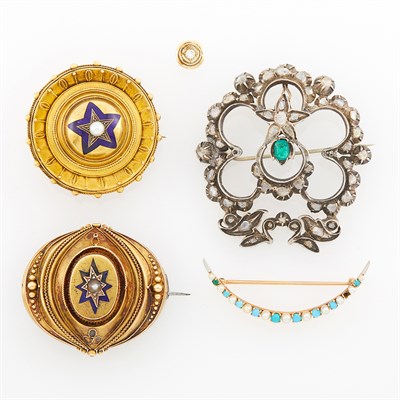 Lot 198 - Four Antique Gold, Silver, Enamel, Diamond and Pearl Brooches and Single Earring