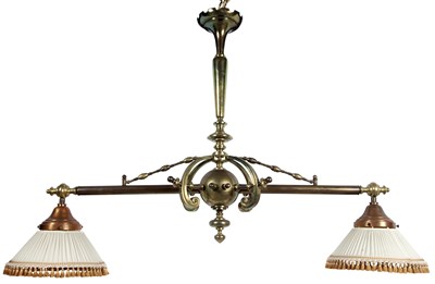 Lot 332 - RBrass and Copper Two-Light Billiards Lamp Of...