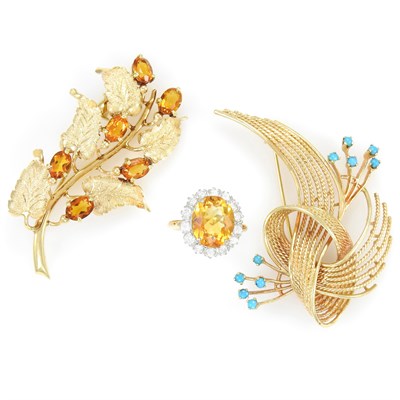 Lot 176 - Gold, Citrine and Diamond Ring and Brooch and Gold and Turquoise Brooch