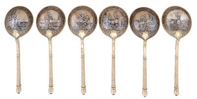 Lot 58 - Set of Six Russian Silver-Gilt and Niello...