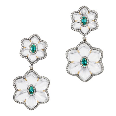 Lot 43 - Pair of Silver, Gold, Rock Crystal, Emerald and Diamond Pendant-Earrings