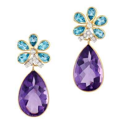 Lot 20 - Pair of Gold, Amethyst, Blue Topaz and Diamond Pendant-Earrings