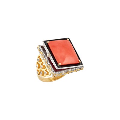 Lot 85 - Gold, Silver, Coral, Diamond and Black Enamel 'Poison' Ring