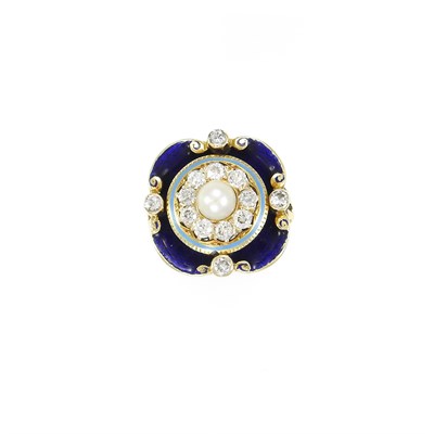Lot 77 - Antique Gold, Blue Enamel, Pearl and Diamond Ring