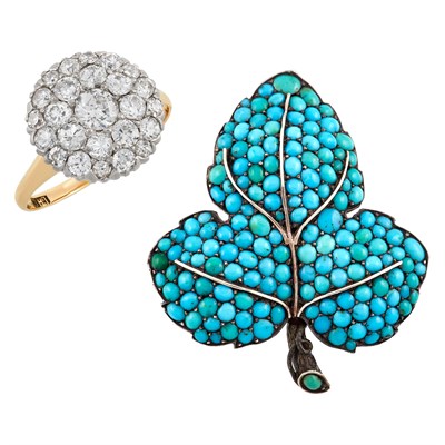 Lot 79 - Antique Platinum, Gold and Diamond Ring and Silver-Gilt and Turquoise Leaf Pin