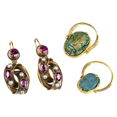 Lot 80 - Pair of Antique Gold, Garnet and Split Pearl Pendant-Earrings and Two High Karat Gold and Faience Scarab Rings