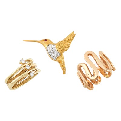 Lot 34 - José Hess Gold and Diamond Ring, Two-Color Gold, Diamond and Ruby Hummingbird Pin and Wide Gold Band Ring