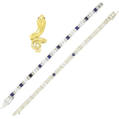 Lot 72 - Two White Gold, Platinum, Diamond and Synthetic Sapphire Bracelets and Gold Snake Ring