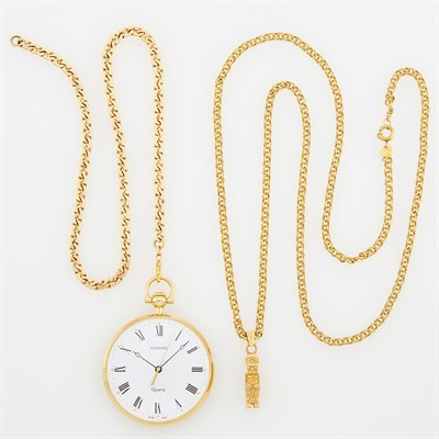 Lot 89 - Gold Open Face Pocket Watch, Tourneau, with Fob Chain and Gold Aztec Pendant with Long Chain Necklace
