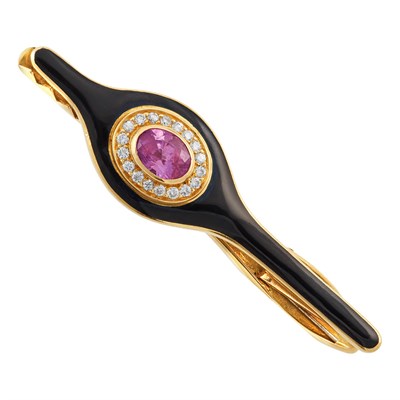 Lot 38 - De Vroomen Gold, Pink Sapphire, Diamond and Black Enamel Tie Bar Clip