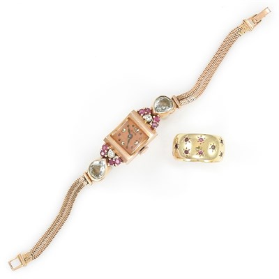 Lot 167 - Retro Double Strand Rose Gold, Ruby, Aquamarine and Diamond Snake Chain Wristwatch and Wide Band Ring