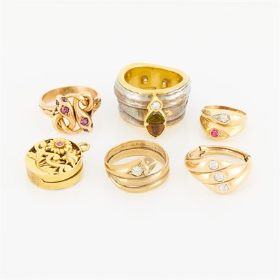 Lot 260 - Five Gold, Low Karat Gold, Silver and Gem-Set Rings and Locket Pendant
