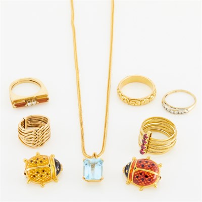 Lot 17 - Gold, Aquamarine and Diamond Enhancer with Chain, Five Gold and Gold-Filled Rings and Two Enamel Lady Bug Pins