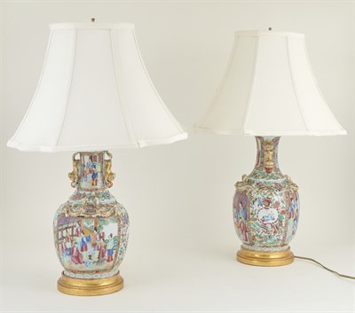 Lot 168 - Near Pair of Chinese Export Porcelain Lamps...