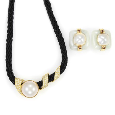 Lot 243 - Pair of Gold, Jade, Mabé Pearl and Ruby Earclips and Gold, Mabé Pearl, Diamond and Black Cord Necklace
