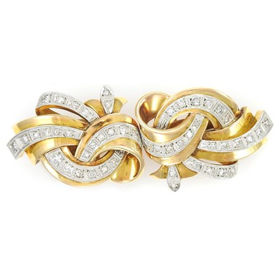 Lot 166 - Retro Gold, Platinum and Diamond Double Clip-Brooch