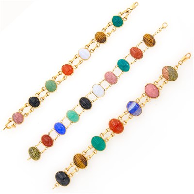 Lot 27 - Three Double Strand Gold and Hardstone Scarab Bracelets