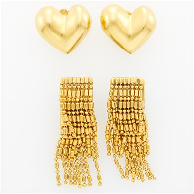 Lot 8 - Robert Lee Morris Pair of Gilt-Metal Heart Earclips and Pair of Gilt-Metal Fringe Earclips
