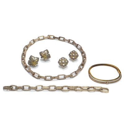 Lot 88 - Tiffany & Co. Sterling Silver Necklace/Bracelet Combination and Two Pairs of Earclips and Diamond Bangle Bracelet