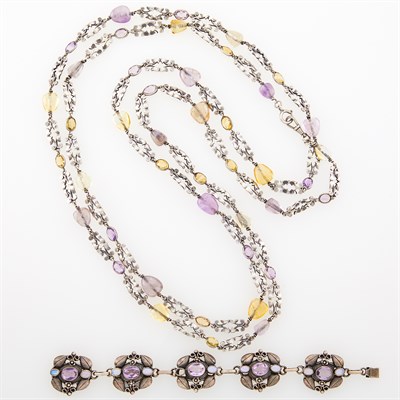 Lot 127 - Long Silver, Tumbled Citrine and Amethyst Bead Link Necklace and Arts and Crafts Silver, Amethyst and Opal Bracelet