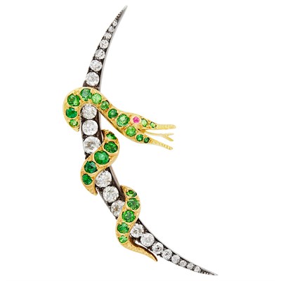 Lot 31 - Antique Silver, Gold, Diamond, and Demantoid Garnet Crescent Serpent Pin