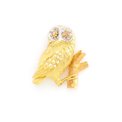 Lot 244 - Tricolor Gold, Brown Diamond and Diamond Owl Brooch