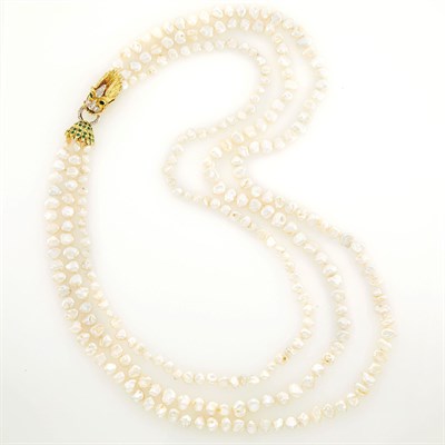 Lot 172 - Triple Strand Freshwater Pearl Necklace with Two-Color Gold, Emerald and Diamond Dragon Clasp