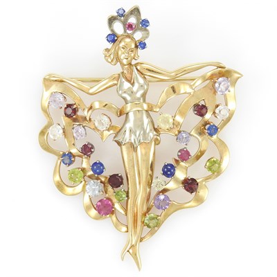 Lot 159 - Two-Color Gold and Colored Stone Dancer Brooch