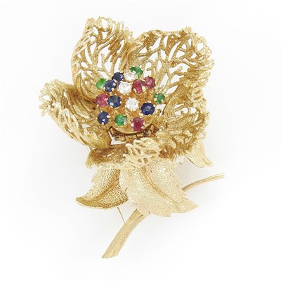 Lot 13 - Robert Altman Gold, Gem-Set and Diamond Flower 'En Tremblant' Clip-Brooch