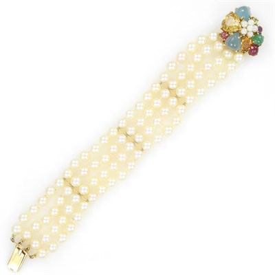 Lot 48 - Four Strand Cultured Pearl Bracelet with Gold and Colored Stone Clasp