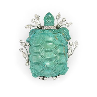 Lot 55 - White Gold, Carved Turquoise and Diamond Turtle Clip