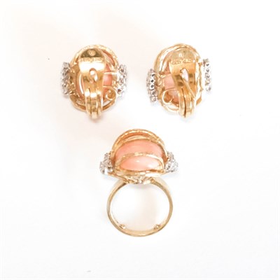 Lot 141 - Pair of Gold, Coral and Diamond Earrings and Ring