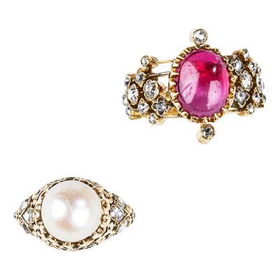 Lot 184 - Two Gold, Diamond, Cabochon Synthetic Ruby and Cultured Pearl Rings