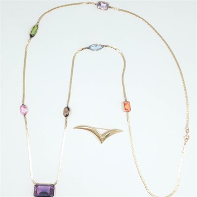 Lot 256 - Tiffany & Co. Gold 'Seagull' Pin and Long Gold and Simulated Gem-Set Necklace