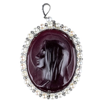 Lot 185 - Ghiso Edwardian Platinum, Pearl, Diamond and Glass Cameo Pendant