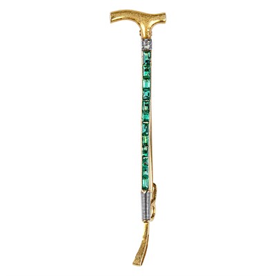 Lot 130 - La Cloche Edwardian Platinum, Gold, Emerald and Diamond Polo Mallet Pin, France