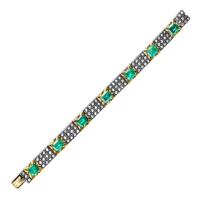 Lot 233 - Gold, Silver, Emerald and Diamond Bracelet