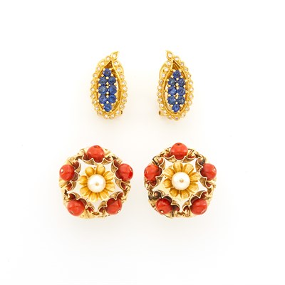Lot 84 - Pair of Gold, Coral and Cultured Pearl Flower Dome Earrings and Pair of Sapphire and Diamond Earclips