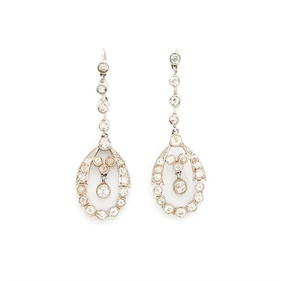 Lot 73 - Pair of Antique Platinum and Diamond Pendant-Earrings