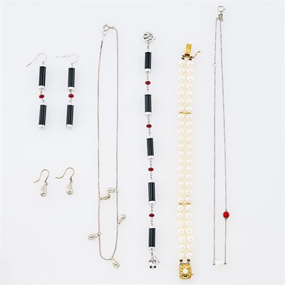Lot 193 - Tiffany & Co. Silver Necklace and Earrings, Two Mikimoto Gold and Silver Necklaces and Gold, Black Jade and Ruby Jewelry