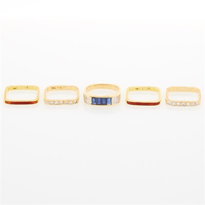 Lot 230 - Five Gold, Sapphire, Diamond and Enamel Band Rings