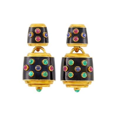 Lot 82 - David Webb Pair of Gold, Black Enamel and Cabochon Colored Stone Pendant-Earclips